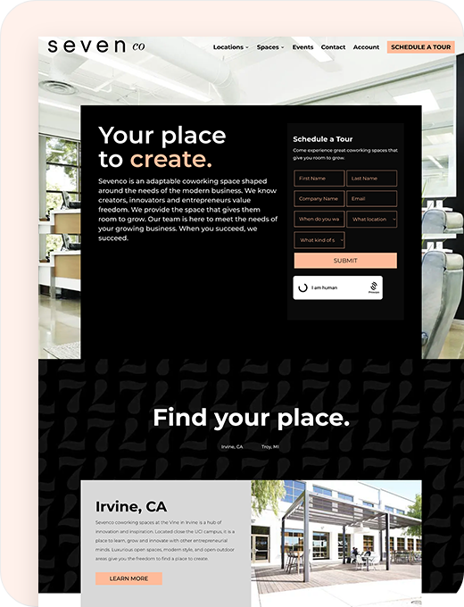 A modern coworking space website for "Seven Co" featuring a black-and-white theme, a “Schedule a Tour” form, and information about Irvine, CA, with a street photo of a coworking building at the bottom.