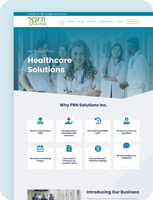 Screenshot of a healthcare company’s website homepage featuring a smiling female doctor in a white coat with other medical staff in the background. The site highlights healthcare solutions and services provided.