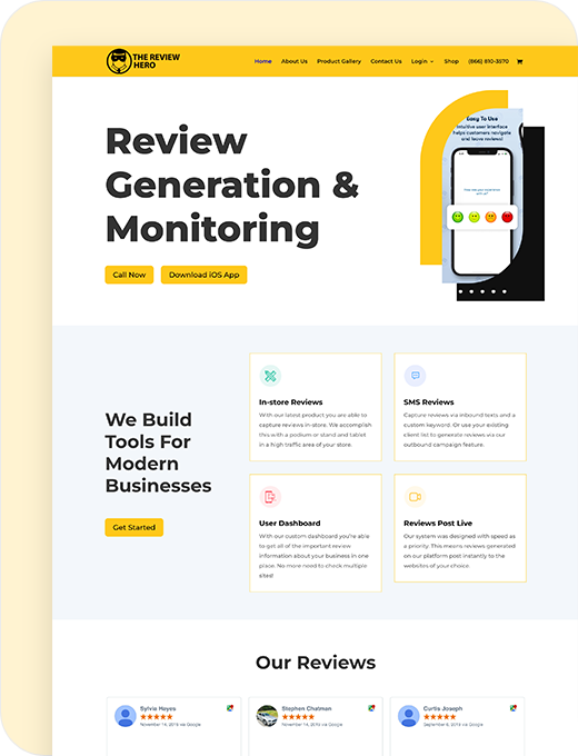 Website homepage for "The Review Hero" featuring review generation and monitoring tools. The design shows a phone illustration, navigation menu, call-to-action buttons, feature highlights, and customer reviews.