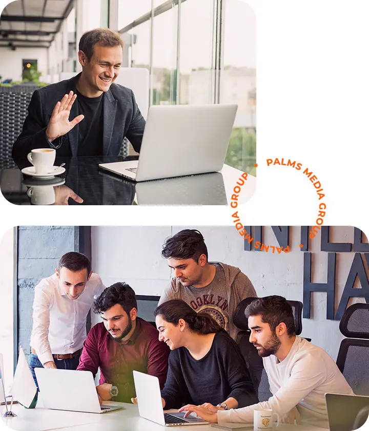 A man waves at his laptop while sitting in a cafe. Below, five young adults gather around a laptop, working together and smiling in a modern office setting.