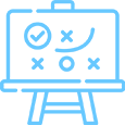 A blue outline icon of an easel with a board showing a sports strategy, including Xs, Os, a check mark, and a curved line representing a game plan or tactical diagram.