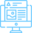 Blue line drawing of a computer monitor displaying a webpage layout with an image, text blocks, and a warning symbol at the top.