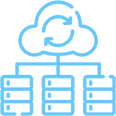 Blue icon showing a cloud with sync arrows above three stacked server units connected by lines, representing cloud computing or data synchronization.