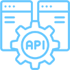 Light blue icon showing two server towers connected by a large gear labeled "API," representing the concept of application programming interface and server integration.