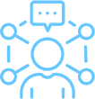 Blue outline icon of a person with six lines connecting to circles around their head, and a speech bubble with three dots above, symbolizing communication or social networking.
