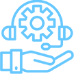 Blue outline icon of a hand holding a headset with a gear inside, symbolizing technical support or customer service assistance.