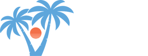 Logo with two blue palm trees and an orange sun. To the right, the words "PALMS MEDIA" are written in white, with "PALMS" in large font and "MEDIA" in smaller font below it. The background is light gray.
