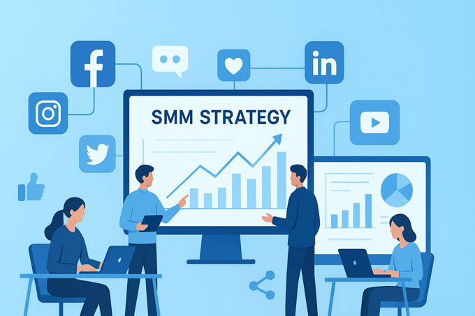 Four people work on laptops in front of screens showing charts and "SMM Strategy" text, with icons for Facebook, Instagram, Twitter, LinkedIn, and YouTube representing social media platforms. Four people work on laptops in front of screens showing charts and "SMM Strategy" text, with icons for Facebook, Instagram, Twitter, LinkedIn, and YouTube representing social media platforms.
