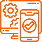 Orange outline icon of a computer monitor with gears and a smartphone in front displaying a checkmark, representing device synchronization or system approval.