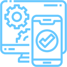 Blue outline icons of a computer monitor with gears on the screen and a smartphone in front displaying a checkmark inside a circle, representing technology or system verification.