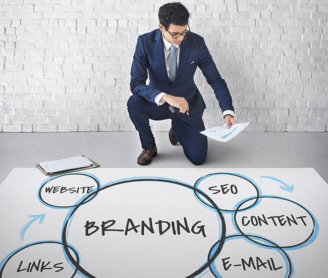 A person uses a laptop displaying a website builder interface, with a smartphone and tablet showing the same website design; green plants are visible at the top corners of the workspace.