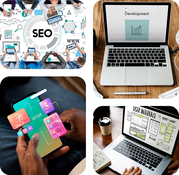 A collage of four images showing: people working on SEO, a laptop displaying the word "Development," hands interacting with floating UI elements, and a laptop screen with a "User Interface" design. A collage of four images showing: people working on SEO, a laptop displaying the word "Development," hands interacting with floating UI elements, and a laptop screen with a "User Interface" design.