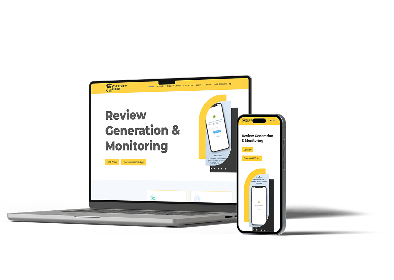 A laptop and a smartphone displaying the same website with the headline “Review Generation & Monitoring” on both screens, placed on a white surface with a plain white background. A laptop and a smartphone displaying the same website with the headline “Review Generation & Monitoring” on both screens, placed on a white surface with a plain white background.