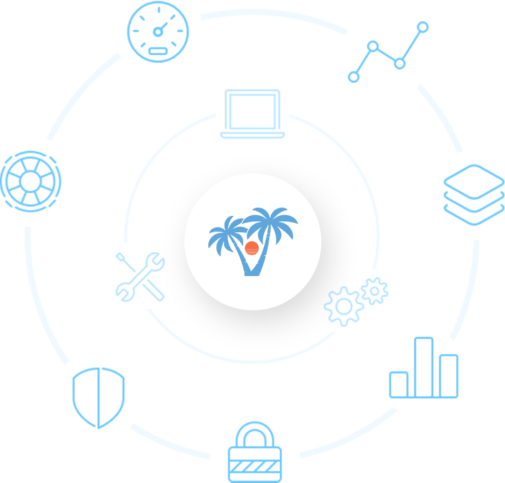 A circle with a palm tree graphic at the center, surrounded by faint blue icons including a shield, wrench, lock, bar graph, gears, laptop, speedometer, layers, and a line graph. A circle with a palm tree graphic at the center, surrounded by faint blue icons including a shield, wrench, lock, bar graph, gears, laptop, speedometer, layers, and a line graph.