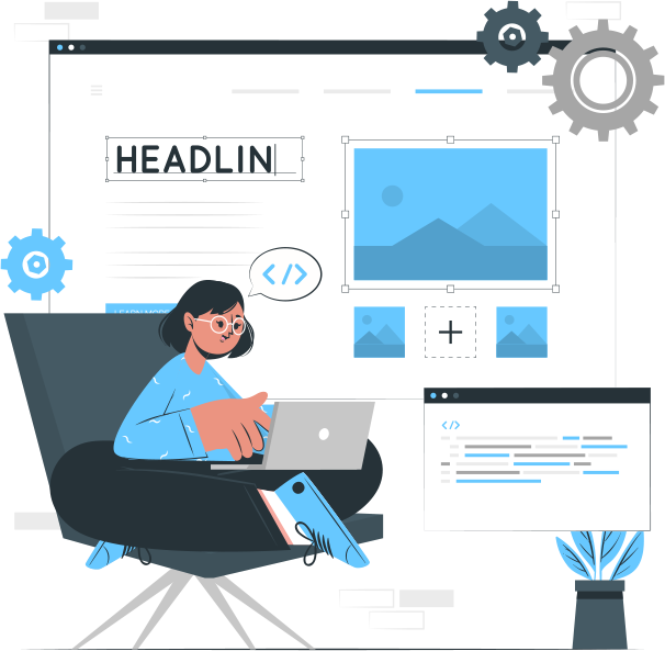 Illustration of a woman with glasses sitting cross-legged on a chair, using a laptop. Behind her are website design elements like images, text boxes, and gears, representing web development or design. Illustration of a woman with glasses sitting cross-legged on a chair, using a laptop. Behind her are website design elements like images, text boxes, and gears, representing web development or design.