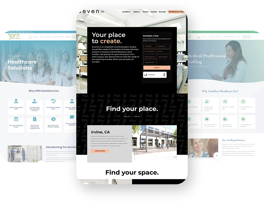 A central website homepage with a modern design overlays two faded healthcare staffing websites in the background, highlighting a contact form, location info, and a navigation menu. A central website homepage with a modern design overlays two faded healthcare staffing websites in the background, highlighting a contact form, location info, and a navigation menu.