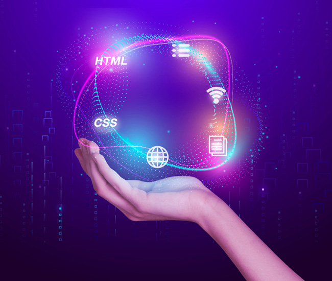 A person uses a laptop displaying a website builder interface, with a smartphone and tablet showing the same website design; green plants are visible at the top corners of the workspace.