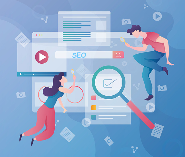 A person uses a laptop displaying a website builder interface, with a smartphone and tablet showing the same website design; green plants are visible at the top corners of the workspace.