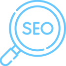 A blue outline of a magnifying glass with the letters "SEO" in the center, symbolizing search engine optimization.
