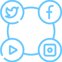 Light blue icons of Twitter, Facebook, a play button, and a camera arranged in a square shape, each within a circle and connected by lines, on a white background.