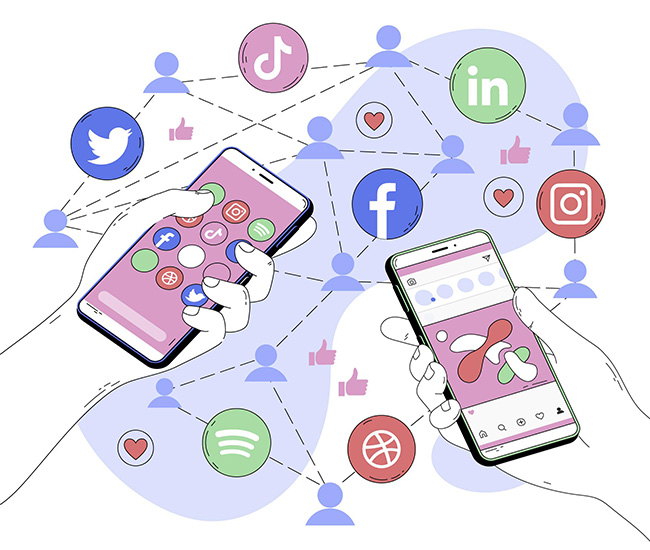 A person uses a laptop displaying a website builder interface, with a smartphone and tablet showing the same website design; green plants are visible at the top corners of the workspace.