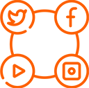 Orange line art icons for Twitter, Facebook, a play button, and a square with a circle, arranged in a square with connecting lines on a light background.