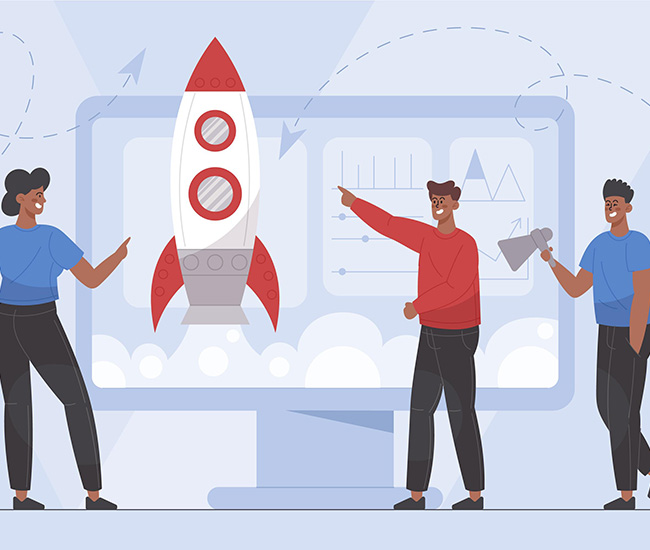 A person uses a laptop displaying a website builder interface, with a smartphone and tablet showing the same website design; green plants are visible at the top corners of the workspace.