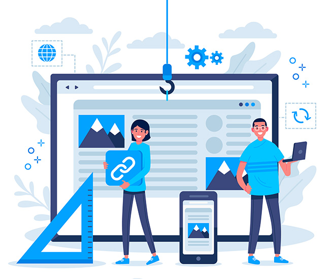 A person uses a laptop displaying a website builder interface, with a smartphone and tablet showing the same website design; green plants are visible at the top corners of the workspace.