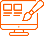 Orange outline of a computer monitor displaying two boxes and lines, with a paintbrush overlapping the screen, symbolizing web design or digital content creation.