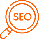 Orange outline of a magnifying glass with the letters "SEO" inside, symbolizing search engine optimization, on a light gray background.