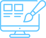 Blue outline icon of a computer monitor displaying two boxes and lines, with a paintbrush overlapping, symbolizing web or graphic design.