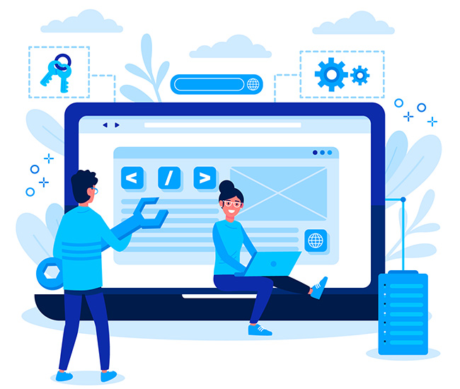 A person uses a laptop displaying a website builder interface, with a smartphone and tablet showing the same website design; green plants are visible at the top corners of the workspace.