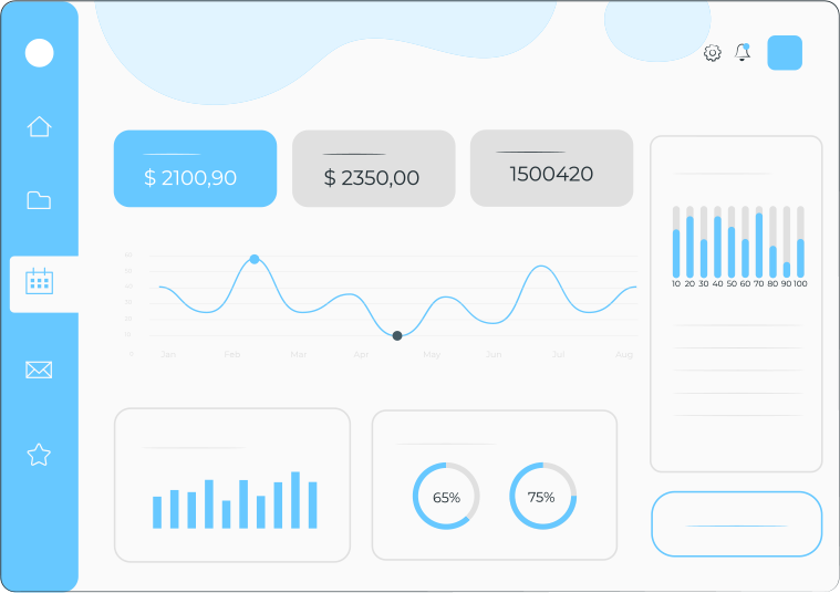 A light-themed dashboard interface with blue accents, displaying various charts, graphs, data cards with values, and navigation icons on the left sidebar for home, calendar, and mail. A light-themed dashboard interface with blue accents, displaying various charts, graphs, data cards with values, and navigation icons on the left sidebar for home, calendar, and mail.