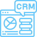 Icono lineal azul de una pantalla de ordenador que muestra un gráfico circular y discos apilados, con una burbuja de diálogo que contiene "CRM," que representa el software de gestión de relaciones con los clientes.